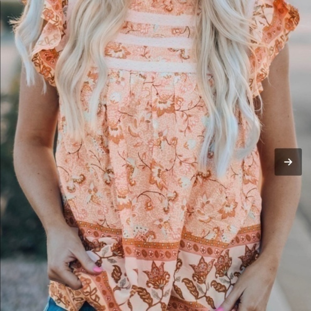 Orange Floral Print Ruffled Crew Neck Sleeveless Top